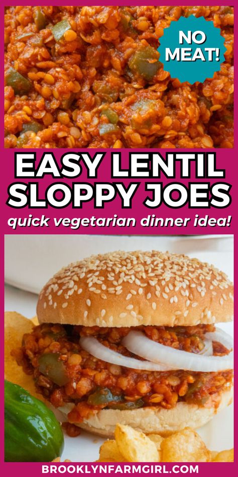 a sesame bun loaded with lentil sloppy joe mix with slices of onions on a plate with chips Simple Vegetarian Dinner, Vegetarian Sloppy Joes, Lentil Sloppy Joes, Quick Vegetarian Dinner, Sloppy Joe Recipe, Joe Recipe, Easy Vegetarian Dinner, Sloppy Joes Recipe, Sandwiches For Lunch