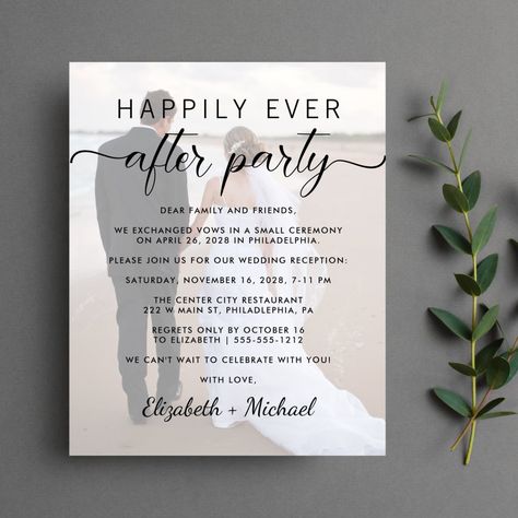 Budget-friendly modern elopement or private wedding announcement and reception invitation. Your customized wedding announcement and reception invitation overlays your photo, and "Happily Ever After Party" is in written in a mix of simple typography and a trendy script with swashes. Happily Ever After Party, Ever After Party, Popular Wedding Invitations, Happily Ever After Wedding, Ever After Wedding, Modern Elopement, Marriage Announcement, Reception Invitation, Wedding Reception Invitations