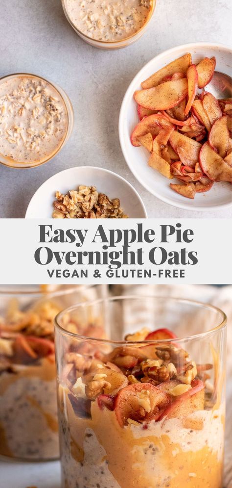 Easy to make Apple Pie Overnight Oats for a grab and go breakfast loaded with gooey sauteed cinnamon apples that will keep you fueled and satisfied. Overnight Oats Vegan, Apple Pie Overnight Oats, Apple Overnight Oats, Vegan Overnight Oats, Easy Apple Pie, Grab And Go Breakfast, Plant Based Breakfast, Oats Breakfast, Apple Slices