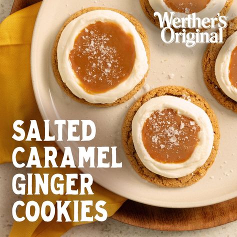 Cookies With Werthers Caramels, Salted Caramel Ginger Cookies, Werthers Original Desserts, Werthers Caramel Cookies, Werthers Original, Caramel Cookies, Ginger Cookies, Creative Cookies, Crispy Treats