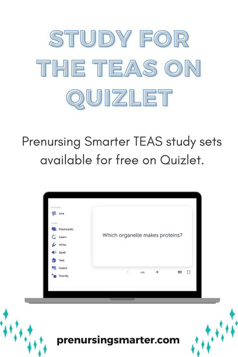 Blue text reads Study for the TEAS on Quizlet. Image of computer with flashcard set sample. Teal star decorations in bottom corners. Prenursing Smarter TEAS study sets available for free on Quizlet. Teas Exam Study Guides, Teas Test Prep, Teas Exam, Teas Test, College Student Hacks, Nursing School Motivation, Nursing Exam, Exam Study Tips, Nurse Inspiration