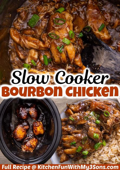 Crock Pot Bourbon Chicken is a family favorite dinner with tender chicken thighs and a delicious bourbon sauce simmered to perfection in the slow cooker. Queen Of The Slow Cooker, Slow Cooker Bourbon Chicken Recipes, Crockpot Bourbon Chicken Thighs, Crockpot Bourbon Chicken Easy, Summer Crockpot Chicken Recipes, Crock Pot Chicken Thighs Recipes, Chicken Thighs Crockpot Bone In, Bone In Chicken Breast Recipes Crock Pot, Bone In Chicken Thighs Recipes Crockpot