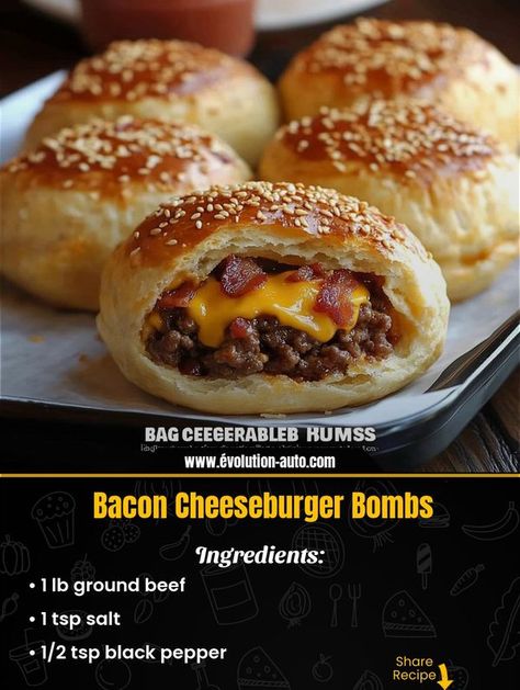 Family Cook Recipes | Title: Bacon Cheeseburger Bombs | Facebook Bacon Cheeseburger Bombshell, Cheeseburger Bombshell, Bacon Cheeseburger Meatballs, Garlic Butter Bacon Cheeseburger Rollups, Ground Beef Substitute, Bacon Cake, Thanksgiving Appetizer, Thanksgiving Appetizer Recipes, Recipes Appetizers