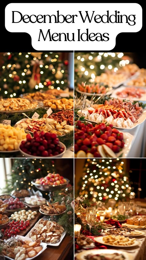 December wedding menu ideas with seasonal food selections. Christmas Cookie Wedding Display, Holiday Catering Menu Ideas, Winter Catering Ideas, Wedding Food Family Style, December Wedding Food Ideas, Christmas Wedding Food Ideas, Winter Wedding Food Ideas Buffet, Christmas Menu Ideas Buffet, Soup Bar Wedding