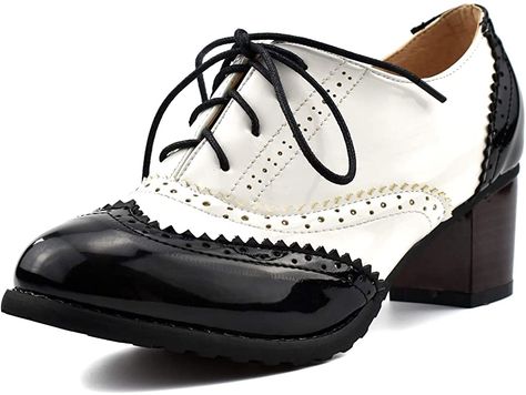 Amazon.com | 100FIXEO Women Block Heel Wingtip Oxford Shoes Vintage Chunky Heel Saddle Shoes | Oxfords Brogues Style, Wingtip Oxford Shoes, Oxford Brogues, Saddle Shoes, Designer High Heels, Shoes Vintage, Wingtip Oxford, Block Heel Shoes, Everyday Shoes