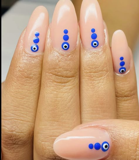 Yellow Evil Eye Nails, Greek Eye Nails Designs, Nail Design With Evil Eye, Almond Nails Designs Evil Eye, Spring Evil Eye Nails, Hot Pink Evil Eye Nails, Evil Eye Pedicure, Evil Eye Almond Nails, Blue Evil Eye Nails Short