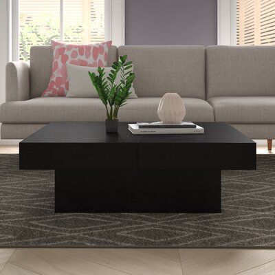 Brayden Studio® Aghen Coffee Table with Storage | Wayfair Black Large Coffee Table, Table Arrangement Ideas, Black Square Coffee Table, Black Apartment, Coffee Table Arrangements, Center Table Living Room, Central Table, House Shopping, Black Coffee Table