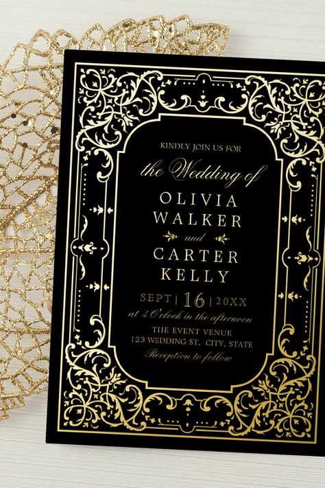 Black Gold elegant ornate romantic vintage wedding Foil Invitation Wedding Invitations Old Money Aesthetic, Black And Gold Wedding Invitations, Luxury Winter Wedding, Romantic Vintage Wedding, Wedding Art Deco, Wedding Announcement Cards, Formal Wedding Invitations, Wedding Announcement, Foil Invitations