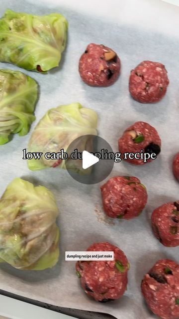 kat chao on Instagram: "have you made dumplings before? makes great leftovers too. you can always wrap it in dumpling wrappers and fry, steam, or boil. 🥟✨  Ingredients ⬇️: 2 lb ground beef 1 egg 5 green onions diced 1 cup shitake mushroom diced 1 tbsp garlic minced  1 tsp corn starch  1 tsp sea salt 1 tsp white pepper 1 tbsp oyster sauce 1 tbsp soy sauce  for cabbage rolls: blanch cabbage leaves for a 30-40secs.  if you’re making a big batch, boil the entire cabbage head to make it easier to separate.  wrap filling in the cabbage leaves and steam for 10mins.   for meatballs: roll filling into meatballs.  pan fry in oil for about 6-7 mins all around.   dipping sauce: I used light soy sauce bc it’s a little sweeter and mixed in chili crisps.   #easyrecipe #lowcarb #lowcarbrecipes #dumplings Cabbage Dumpling Rolls, Meatball Leftover Ideas, Cabbage Wraps Recipes, Sauce For Cabbage Rolls, Sauce For Cabbage, Healthy Dumplings, Onion Boil, Cabbage Dumplings, Cabbage Wraps