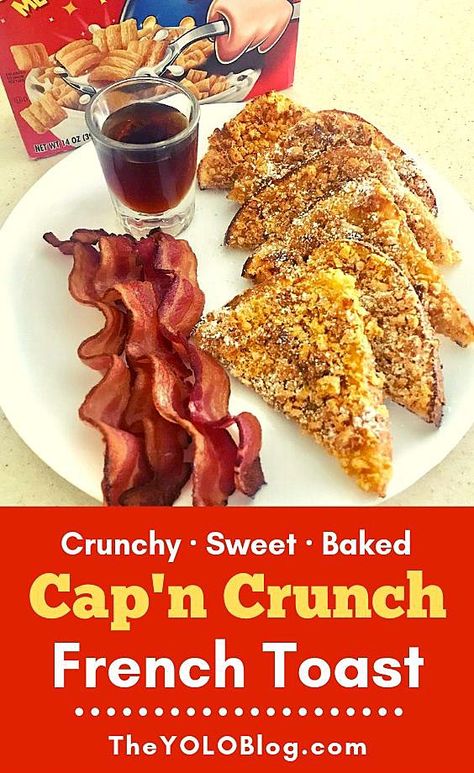 Crunchy, sweet, and so easy, oven baked French toast is covered with crushed Cap'n Crunch cereal. | #frenchtoast #brunchrecipes #capncrunchfrenchtoast #captaincrunch Recipes With Captain Crunch Cereal, Cereal Crusted French Toast, Cap’n Crunch French Toast, Cereal French Toast, Captain Crunch French Toast Recipe, Captain Crunch French Toast, French Toast Cereal, French Toast Crunch, Oven Baked French Toast