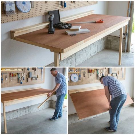 Flip-Down Workbench: No shop is complete without a workbench, but not everyone’s shop space allows room for a big, freestanding bench. This bench offers a sturdy place for all your shop chores, and folds down flat against the wall when not in use to save space. Find the FREE project plan, along with many others, at buildsomething.com Flip Desk, Diy Bank, Folding Workbench, Garage Organisation, Workbench Plans Diy, Garage Organization Diy, Project Plan, Diy Workbench, Shop Space