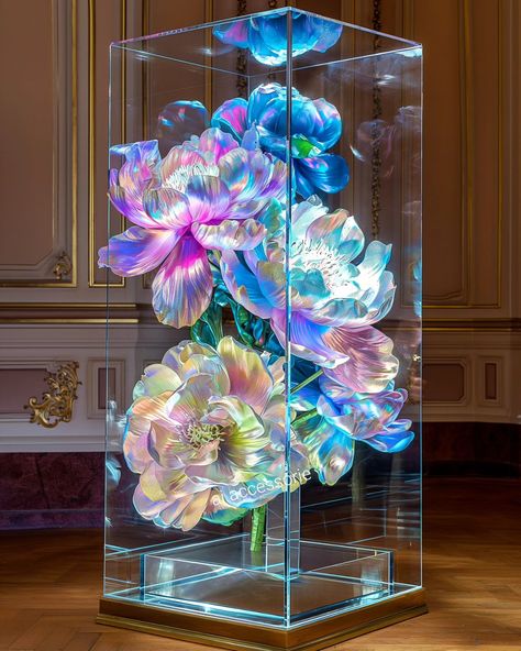 Iridescent flower museum gallery 😍 #flowers #museum #peonies #gallery #iridescent #museumgallery #roccoco #glass #aiart Flower Museum, Resin Idea, Wonderland Artwork, Exhibition Stall Design, Exhibition Stall, Stall Designs, Flower Therapy, Nature Scenes, Acrylic Art