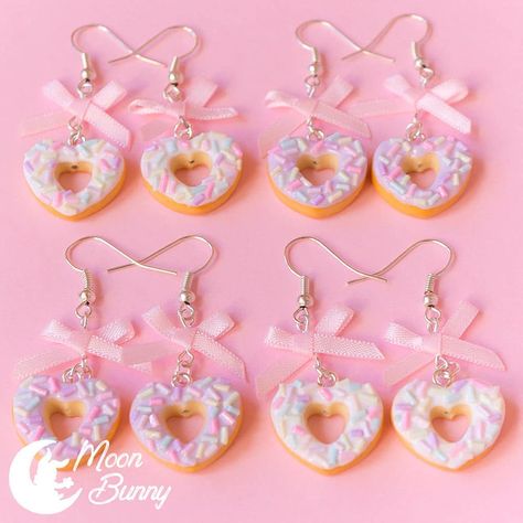 Bunny Home, Moon Bunny, Donuts Earrings, Kawaii Earrings, Handmade Clay Jewelry, Kawaii Jewelry, Cute Polymer Clay, Fashion Organization, Kawaii Accessories