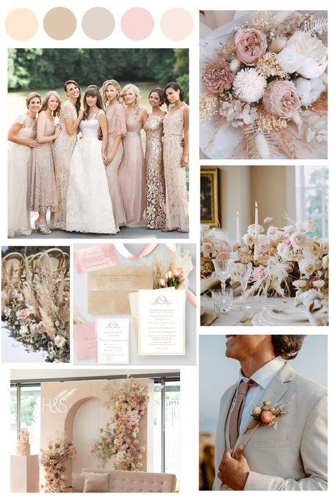 Elegant Beige and Blush Pink Wedding Color Theme Beige Wedding Theme, Pink Champagne Wedding, Pink Wedding Palette, Pink Wedding Color Scheme, Champagne Wedding Themes, Champagne Color Palette, Cream Wedding Colors, Dusty Rose Wedding Colors, Blush Wedding Theme