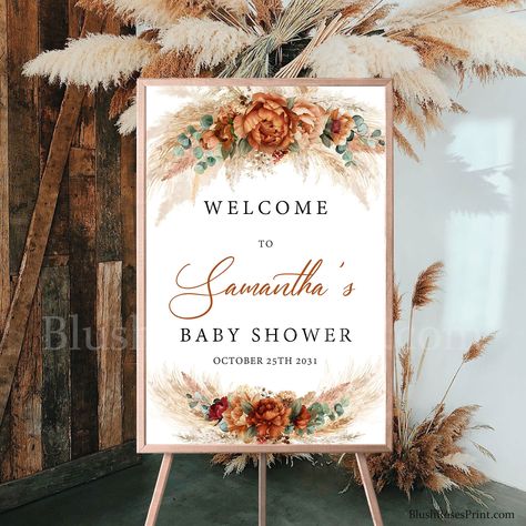 Shower Eucalyptus, Orange Baby Shower, Boho Tropical, Tropical Baby Shower, Shower Foam, Free Edit, Orange Copper, Fan Palm, Modern Calligraphy Fonts