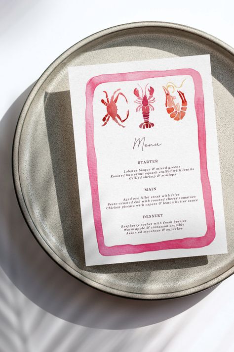 Dinner Party Menu Design Ideas, 21 Diner Menu, Lobster Dinner Party, Wedding Dinner Menu Ideas, Dinner Party Menu Template, Bridal Shower Aesthetic, Bridal Shower Dinner Party, Summer Chique, Lobster Wedding