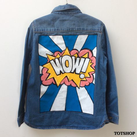 Pop art handpainted ‘WOW’ design on kids denim shirt Pop Art Jacket, Pop Art Clothes, Pop Art Outfit, Kids Denim Shirt, Jean Jacket Design, Pop Art Clothing, Art Teacher Outfits, Painted Clothes Diy, Diy Denim Jacket