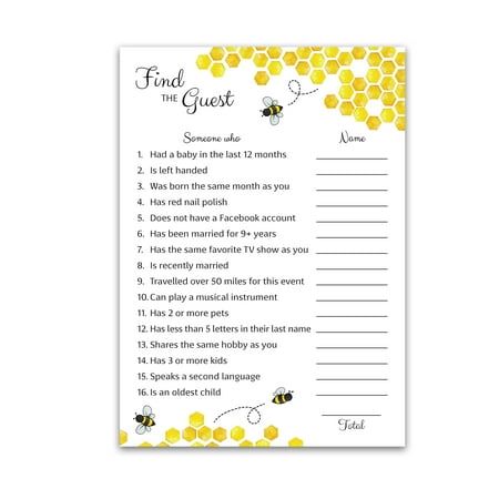 A unique fun icebreaker party game! Honeycomb and Bee Watercolor artwork complemented with an elegant curvy font. Perfect for any party especially Baby Showers, Gender Reveal parties, and Sip n See. Size: 5" x 7".  Color: Yellow. Bee Party Games, Honeybee Baby Shower Theme, Winnie The Pooh Baby Shower Games, Bee Theme Baby Shower Games, Bee Theme Gender Reveal Party, Bee Baby Shower Theme Decoration, Bee Themed Baby Shower Ideas, Bumble Bee Baby Shower Ideas, Honey Bee Baby Shower Theme