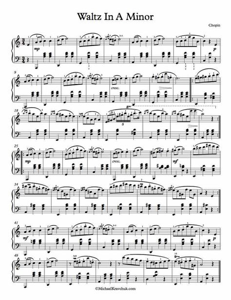 1 Page Version - Waltz In A Minor – Chopin - Free Piano Sheet Music Piano Songs Sheet Music, Music Printables, Free Printable Sheet Music, Free Piano Sheets, Free Piano Sheet Music, Piano Sheet Music Classical, Classical Sheet Music, Online Piano Lessons, Blues Piano