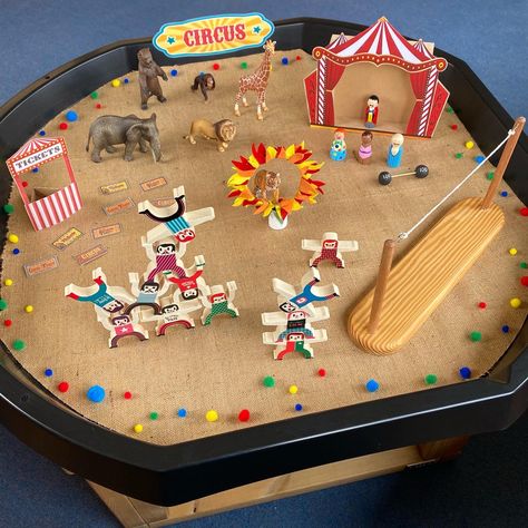 Circus Tuff Tray Ideas, Circus Tuff Tray, Circus Theme Activities For Toddlers, Carnival Tuff Tray Ideas, Toddler Circus Activities, Circus Eyfs Activities, Circus Eyfs, Circus Themed Sensory Bin, Circus Sensory Bin