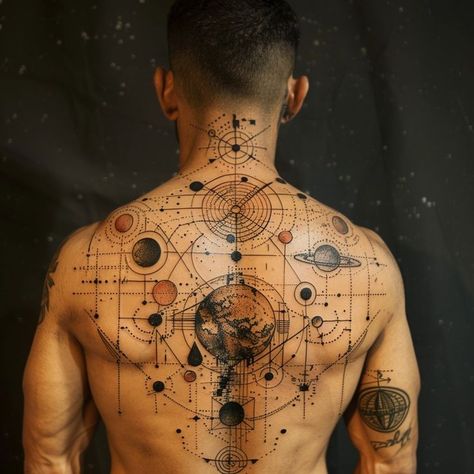 Detailed solar system tattoo on man's back, featuring planets, orbits, and celestial symbols in artistic ink - astronomy body art. Astronomy Tattoo, Celestial Symbols, Solar System Tattoo, Lines And Dots, Dot Tattoos, Gorgeous Tattoos, Abstract Tattoo, Sistema Solar, The Human Body