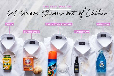 We actually really liked two methods. Grease Out Of Clothes, Grease Stains Out Of Clothes, Stains Out Of Clothes, Stain On Clothes, Dishwasher Tablets, Sprinkle Salt, Dawn Dish Soap, Grease Stains, Dishwasher Detergent