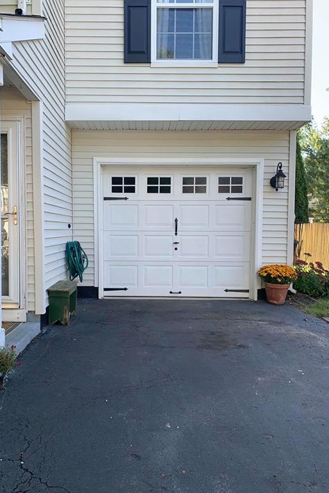 Garage Doors: Simple Makeover With Big Impact Faux Garage Door Windows, Garage Door Update, Garage Door Decorative Hardware, Garage Door Handles, Garage Door Paint, Garage Door Hinges, Garage Door Hardware, Garage Door Windows, Garage Door Styles