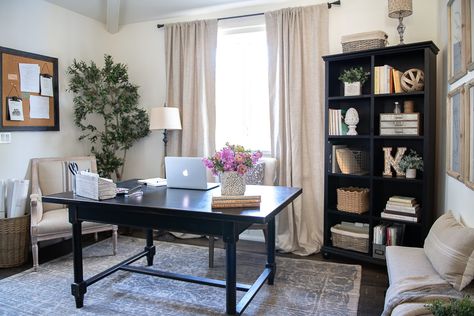 Office Furniture Arrangement, Black Office Furniture, Sanctuary Home Decor, Sanctuary Home, Home Office Makeover, Office Shelving, Cozy Home Office, My Home Office, Office Guest Room