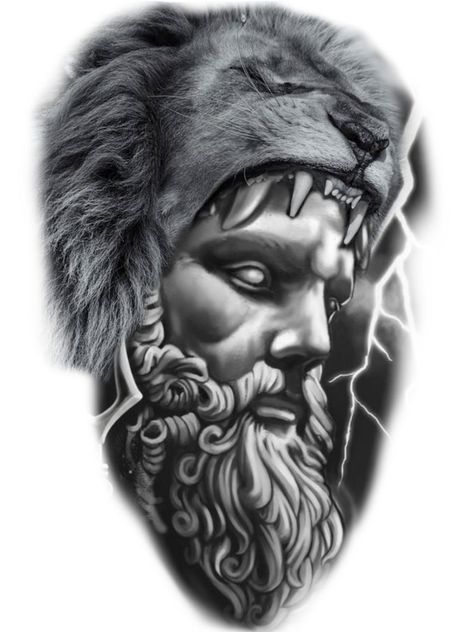 Zeus And Lion Tattoo, Nemean Lion Tattoo, Hercules Tattoo, Lion Art Tattoo, Best Leg Tattoos, Zeus Tattoo, Heaven Tattoos, Forearm Band Tattoos, Statue Tattoo