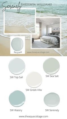 Serenity Paint Color Sherwin Williams, Beach House Bathroom Paint Colors, Coastal Paint Colors 2023, Paint Colors For Beach House Interior, Beach House Living Room Paint Colors, Best Beach House Paint Colors, Florida Home Interior Paint Colors, Coastal Bedroom Paint Ideas, Coastal Bedroom Ideas Master Suite Color Palettes