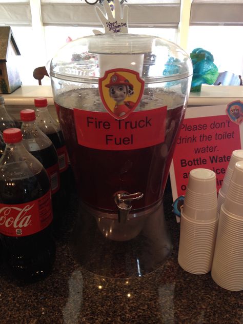 Paw patrol drink fountain fire truck fuel Paw Patrol Party Drink Ideas, Paw Patrol Punch Recipe, Paw Patrol Party Drinks, Paw Patrol Drink Ideas, Paw Patrol Drinks, Paw Patrol Movie Night, Paw Patrol Party Activities, Paw Patrol Themed Food, Paw Patrol Food Ideas