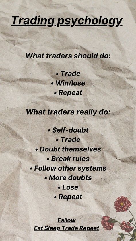 which things do or not do in trading Psychology Of Trading, Forex Psychology, Forex Learning, Trader Mindset, Trading Mindset, Psychology Tips, Trading Learning, Arbitrage Trading, Gold Trading