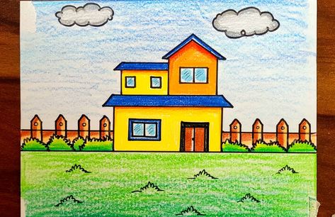 Very easy pucca house drawing for kids | How to Draw pucca house | house scenery drawing simple step Drawing For Class 1 Students, Drawing For Class 2 Students, Drawing For 1st Class Students, House Drawing With Color, House Pictures Drawing, Drawing For Class 3, School Drawing Easy, House Scenery Drawing, Easy House Drawing