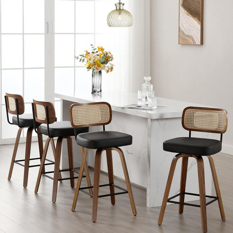 Swivel Counter Height Bar Stools Set of 4, Upholstered Faux Leather Barstools with Rattan Back, 26" Seat Height Bar Chairs for Kitchen Island, Bentwood Wood Frame, Black Chairs For Kitchen Island, Leather Barstools, Chairs For Kitchen, Luxe Decor, Bar Stools With Backs, Counter Height Bar, Wood Bar Stools, Counter Height Bar Stools, Counter Bar Stools