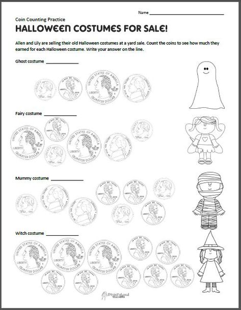 Halloween Coin Counting Practice (free math worksheet for kids) Coins Worksheet, Kindergarten Money Worksheets, Counting Coins Worksheet, Money Kindergarten, Counting Money Worksheets, Money Math Worksheets, Halloween Counting, Halloween Costumes For Sale, Old Halloween Costumes