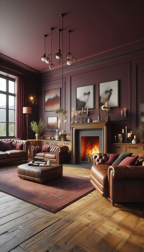 Crimson Living Room, Burgundy Library Room, Burgundy Accent Wall Living Room, Burgundy House Decor, Burgundy And Brown Living Room, Dark Red Library, Maroon Home Decor, Burgundy And Gold Living Room, Burgundy Living Room Walls