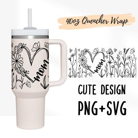 2 Designs 40oz Quencher Stanley tumbler wrap Heart for Mother's Day Gift Design | 40 oz SVG Cute Mom Mama | SVG Cricut Silhouette Template Meadow Cottage, Free Cricut Images, Stanley Adventure Quencher, Inspirational Tumbler, Stanley Adventure, Cricut Images, Free Cricut, Silhouette Template, Cute Water Bottles