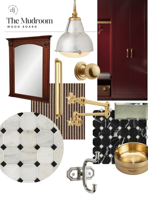 Come On In! Mudroom Mood Board Reveal - Chris Loves Julia Modern Colonial Kitchen, White Mosaic Tile, Mudroom Flooring, Red Paint Colors, Powder Room Sink, Colonial Kitchen, Dining Room Floor, Checkerboard Floor, Modern Colonial