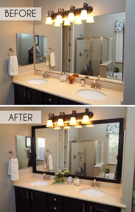 Mirrors Diy, Bathrooms Mirrors, Bathroom Mirrors Diy, Mirror Decor Ideas, Modern Home Decor Bathroom, Bathroom Mirror Ideas, Unique Mirror, Mirror Frame Diy, Mirror Makeover