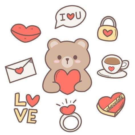 Cute Valentine Drawings, Valentines Doodles, Angel Drawings, Valentines Stickers, Sticker Valentines, Cute Halloween Drawings, Doodle Bear, Valentine Vector, Valentine Cartoon