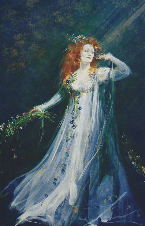 Design for Dame Joan Sutherland as Ophelie in Ambroise Thomas' Hamlet. Canadian Opera Company, 1985. Joan Sutherland, A Night At The Opera, Theatre Design, Theatre Costumes, Pre Raphaelite, Ballet Costumes, Fairytale Art, Opera Singers, Greek Art