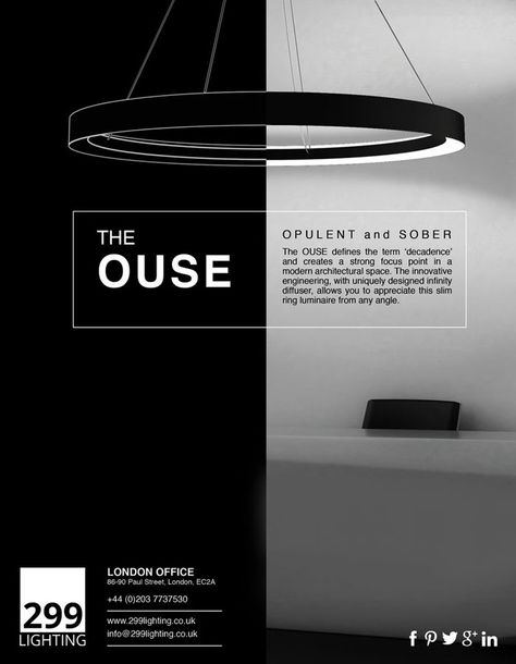 The Ouse - Opulent and Sober Lighting Brochure Design, Lighting Catalogue Design, Light Branding Design, Light Poster Design, Lighting Branding, Lamp Poster, Leaflet Layout, Lamp Logo, Feature Lighting