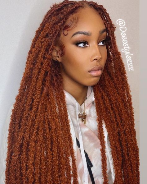 Burnt Orange Soft Locs, Copper Goddess Locs, Ginger Butterfly Locs Bob, Locs Hairstyles Ginger, Copper Twists Black Women, Ginger Hair Color Braids, Auburn Twists Black Women, Ginger Distressed Locs, Ginger Colored Locs Black Women