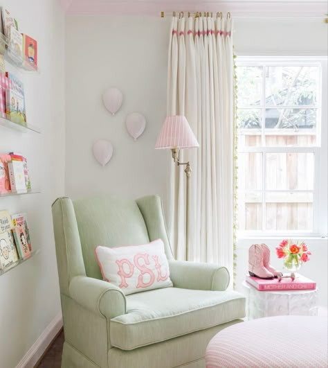 Light Pink Nursery Walls, Chinoiserie Drapes, Anne Margaret, Pink And Green Nursery, Anna Wilson, Guest Room Nursery, Wainscoting Nursery, Pink Nursery Walls