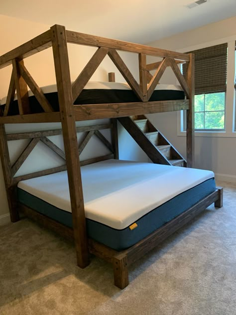 Custom bunk beds built for adults, vacation homes, guest rooms. Bunk Bed Rooms Cabin, Full Over King Bunk Bed, Rustic Queen Bunk Beds, Low To The Ground Bunk Beds, Bunk Over King Bed, Diy King Bunk Bed, Rustic Cabin Basement Ideas, Wood Bunk Beds Diy, Bunk Rooms For Adults Cabin