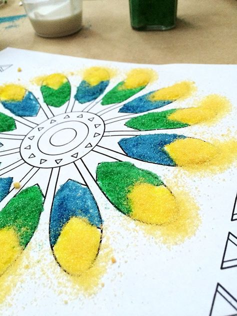 Sand Painting Kid Craft - 100 Directions Sand Art For Kids, Sand Art Projects, Native American Art Projects, Kids Painting Crafts, Summer Camp Crafts, 4th Grade Art, Sand Painting, Cool Art Projects, Crafts For Seniors