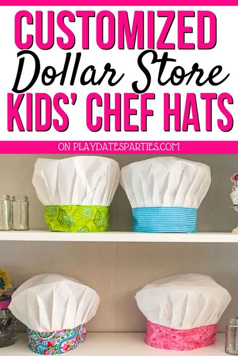 With this fun tutorial, you can make your own customized kids chef hat out of dollar store hats and scrap fabric. It's a great DIY project for baking parties, or as a gift idea for children who love cooking. #partyideas #bakingparty #sewing #kids #birthday #vintagebakeshop #bakeshop Kids Chef Hat, Kids Birthday Crafts, Kids Cooking Party, Store Hats, Chef Hats For Kids, Baking Birthday Parties, Apron For Kids, Cake Decorating Party, Cooking Theme