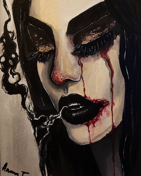 A4 watercolor and acrylics paint Goth Watercolor Paintings, Goth Acrylic Painting, Goth Watercolor, Human Drawings, Aesthetic Sketches, Goth Anime, Dark Things, Harley Quinn Drawing, Dark Portrait