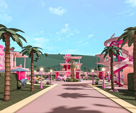 Barbie Land Bloxburg, Barbie House In Bloxburg, Barbie Dream House In Bloxburg, Barbie Bloxburg, Barbie Town, Fun Bloxburg Build Ideas, Barbie Land, Bloxburg Barbie House, Bloxburg Building