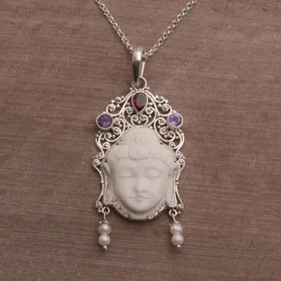 UNICEF Market | Multi-Gemstone Sterling Silver Buddha Necklace from Bali - Buddha's Earrings Bali Jewelry, Buddha Necklace, Face Jewellery, Family Jewels, Funky Jewelry, Gemstone Necklace Pendant, Jewelry Packaging, Amethyst Gemstone, Jewelry Gift Box